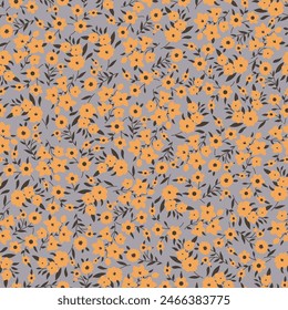 yellow seamless floral vector small flowers with brown leaves pattern on grey background