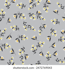 yellow seamless floral vector small flowers with grey leaves pattern on grey background