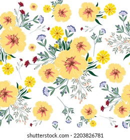 Yellow seamless flowers pattern. Delicate petals and vibrant blossoms create an artistic and vintage botanical illustration. Perfect for wallpaper, fabric, wrapping paper and more.