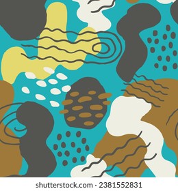 Yellow Seamless Grunge Beauty Ornament Design. Black Repetitive Doodle Retro Set, Seamless Blob. Colorful Continuous Decoration Artistic Textile Backdrop