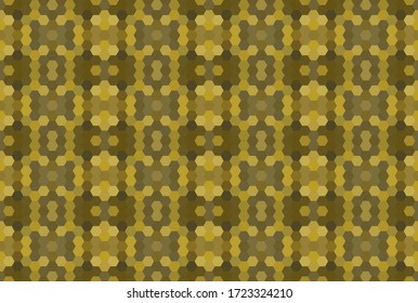 Yellow seamless mosaic pattern. Abstract hexagon background for wallpaper, backdrop, banner, template, illustration, fabric and other applications. Vector. Gold. Golden.