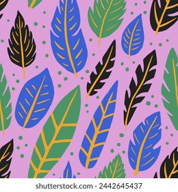 Yellow Seamless Organic Quill Textile Pattern. Black Endless Indian Plumage Element, Seamless Print. Colorful Seamless Creative Feathers Illustration Art. Plumage