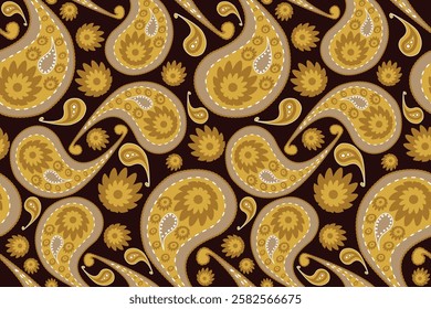 Yellow seamless paisley pattern. Yellow tone color indian wallpaper. Motifs African boho paisley Floral Ikat pattern embroidery, Absract blue paisley background. Vector pattern. For textile, fabric