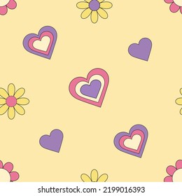 Yellow Seamless Pattern In 1990s Style. Bright Vector Wallpaper With Positive Retro Flowers And Hearts Stickers. Colorful Wallpaper, Textile Or Surface Design