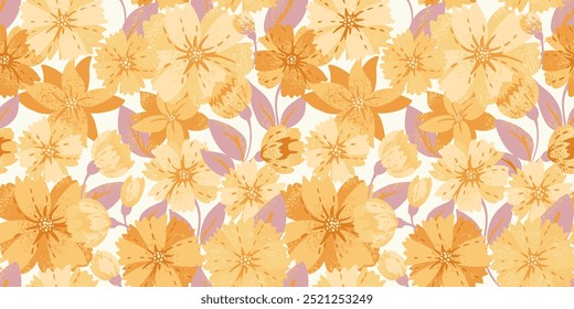 Patrón amarillo sin fisuras con Grandes flores y hojas abstractas. Único gran prado floreciente. Vector dibujado a mano impresión floral creativa. Ornamento para diseños, textiles para niños, cubierta del cuaderno