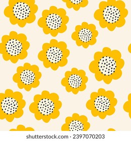 Gelbes nahtloses Muster mit abstrakten Sonnenblumen. Botanisches Design für Banner, Wandkunst, Karten, Drucke und Stoffe. Moderne, handgezeichnete Vektorgrafik