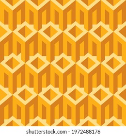 Yellow seamless pattern with architectural elements. Repeating vector texture with cubic 3D elements with slits. Monochrome geometric background, suitable for wallpaper, wrapping paper, fabric
