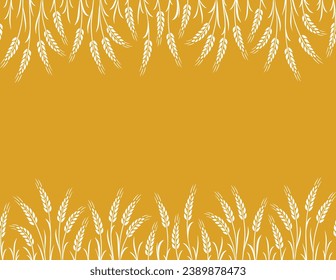 Yellow seamless pattern, background, label with wheat and oat, barley, rye, wheat ears stalks silhouette
