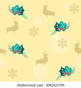 Yellow Seamless Pattern Background With Silhouette Reindeer, Snowflakes, Berries And Leaves.