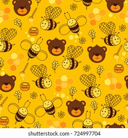Yellow seamless pattern with bears, honey, flowers, hearts, bee and honeycomb. Cute animals. 