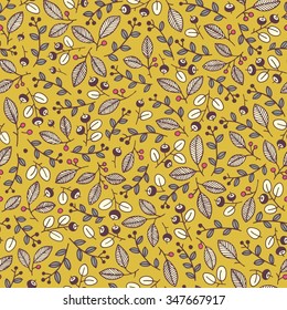 Yellow seamless pattern with berries, leaves and branches. Forest background can be used for textile design, wallpapers and wrapping paper