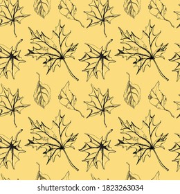 Yellow seamless pattern with black contour leaves