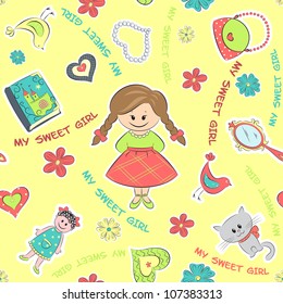 Yellow seamless pattern for children with little girl with flowers, toys and text