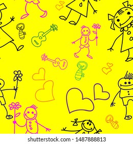 yellow seamless pattern from children's drawings about family and love