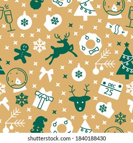 Yellow seamless pattern with Christmas symbols. Xmas vector background.