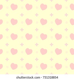 Yellow seamless pattern with circles, stars and hearts.
