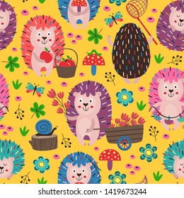 yellow seamless pattern with colorful hedgehogs - vector illustration, eps