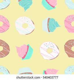 Yellow seamless pattern with cupcakes and bonuts
