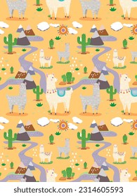 Gelbes, nahtloses Muster süßer Lamas. Heller Sommerhintergrund mit Alpacas und Landschaft.  Bereit für Stoffe und Verpackungspapier.