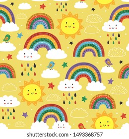 yellow seamless pattern with cute rainbow cloud bird and sun - vector illustration, eps    