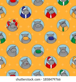 Yellow seamless pattern of different hippos. Happy, sad, angry, in love, female with lipstick, Santa hippopotamus, Happy Birthday, office clerk in shirt and tie, in mask, depression crying animal