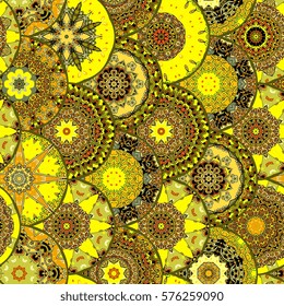 Yellow seamless pattern with fish scales elements. Print for fabric. Vector image.