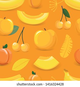 Yellow seamless pattern with fruits. Vector illustration