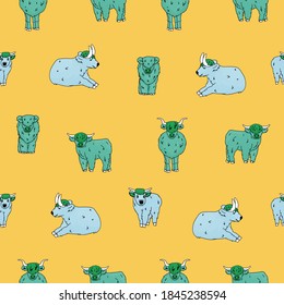 Yellow seamless pattern of hand drawn small and big highland blue cows, which are sitting, standing, lying on the ground