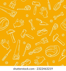 Yellow seamless pattern for home repair, renovation, building. Vector outline icons. Industrial equipment. Labor Day. Helmet, tape measure, brush, wrench, work gloves, pliers, saw, roller, hammer