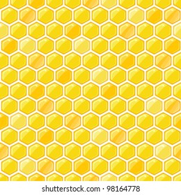 Yellow Seamless Pattern with Honeycombs on White Backdrop. Vector EPS8 Illustration.