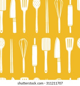 Yellow seamless pattern with kitchen utensils. Cooking vector repeating background for kitchen fabrics, paper napkins, wallpapers. Pattern is cropped with clipping mask 