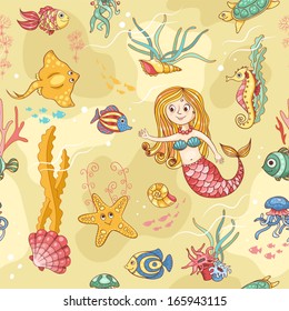 Yellow seamless pattern with mermaid. Cartoon vector background.