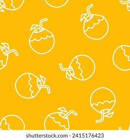 Yellow seamless pattern with outline coconut drink