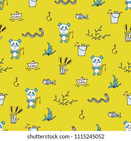 Yellow seamless pattern with the panda, fishes, and fishing.