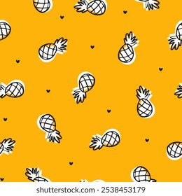 Yellow seamless pattern with pineapples and hearts