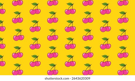 Yellow seamless pattern with pink cherry. Background red cherries and green leaves. Vector design sweet berries as wallpaper