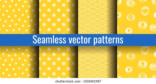 Yellow seamless pattern set. Fashion print. Star, camomile, wave, spot. Design elements for textile or clothes. Hand drawn doodle cute wallpaper for children