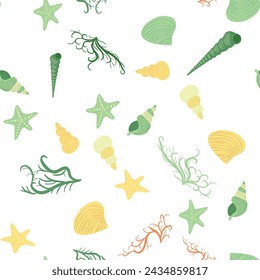 Yellow Seamless pattern with starfish, corals, pearls and shells. Vector background with a marine theme