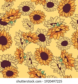 Yellow seamless pattern with sunflower drawings and sketches. Repetitive background with summer floral and botanical elements. Wallpaper with wildflowers.