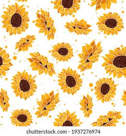 Yellow seamless pattern with tropical summer flowers. Floral repetition background with spring floral elements. Vector wallpaper with sunflower and daisy plants in bloom.