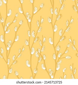 Yellow seamless pattern of twigs of flowering willow
