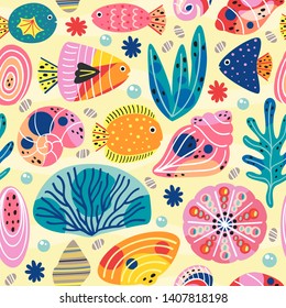 yellow seamless pattern with underwater sea life - vector illustration, eps