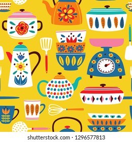 Yellow Seamless Pattern With Vintage Kitchen - Vector Illustration, Eps