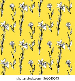 Yellow seamless pattern with white and black floral motives. Fantasy garden flowers for prints, posters, patterns, scrapbooking, fabric, interior, design.