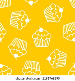 Yellow seamless pattern with white hand drawn cupcakes.