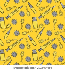 Yellow seamless patterns of microbe, vaccine, virus and syringe pixels 1000x1000. Vector graphic
