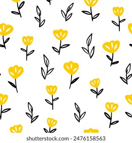 Yellow seamless print with flowers and leaves