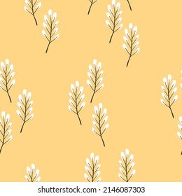 Yellow seamless spring pattern with branches and leaves. Vector print for women's clothing, cute baby fabric, wallpaper.