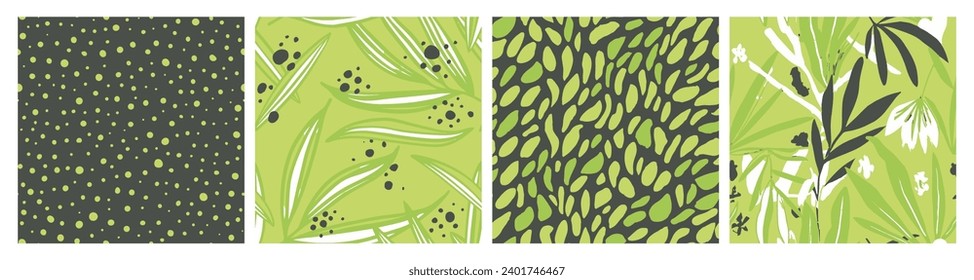 Yellow Seamless Summer Palm Paint Art. Green Repeated Classic Vintage Ornament, Seamless Vector. Colorful Seamless Abstract Organic Template Print. 