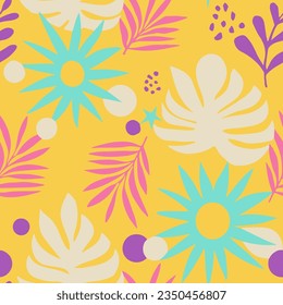Yellow Seamless Summer Spring Leaves Print. Purple Repetitive Color Decorative Invitation, Seamless Texture. Pastel Seamless Decoration Vintage Textile Background. 